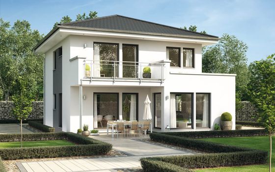 Einfamilienhaus Sunshine 126, Variante 7, von Living Haus. Ein Fertighaus mit Übereck-Erker mit Freisitz S und Balkon und Dachüberstand „Modern Landhaus “ 