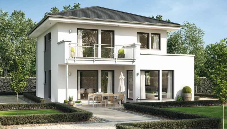 Einfamilienhaus Sunshine 126, Variante 7, von Living Haus. Ein Fertighaus mit Übereck-Erker mit Freisitz S und Balkon und Dachüberstand „Modern Landhaus “ 
