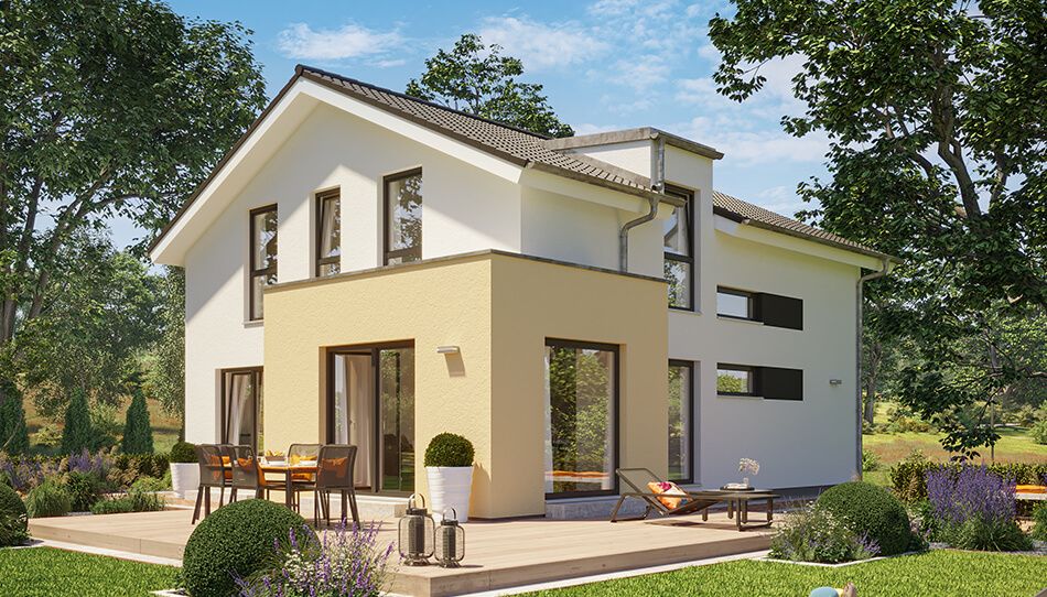 Einfamilienhaus Sunshine 164, Variante 3, von Living Haus. Ein Fertighaus mit Panorama-Erker mit Dachüberstand "Modern Komfort".