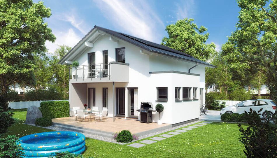 Einfamilienhaus Sunshine 144, Variante 5, von Living Haus. Ein Fertighaus mit Dachüberstand "Bavarian", Rechteck-Erker und Z-Balkon 