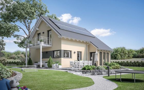 Einfamilienhaus Sunshine 125, Variante 2, von Living Haus. Ein Fertighaus mit Dachüberstand „Komfort“, Wintergarten-Eck-Erker und Balkon